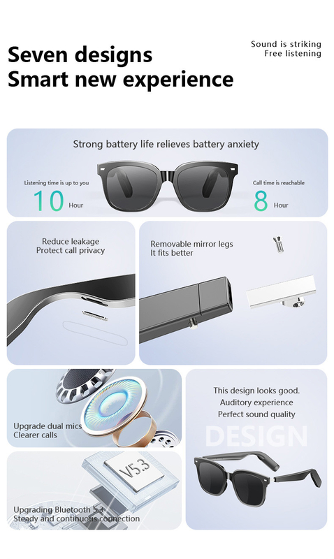 8 godzin czasu muzyki Ultralight BT 5.3 Bluetooth Smart Glasses With Call 110mAh*2 Pojemność